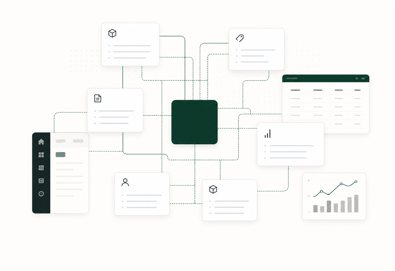 Reusable business software modules connected into one system